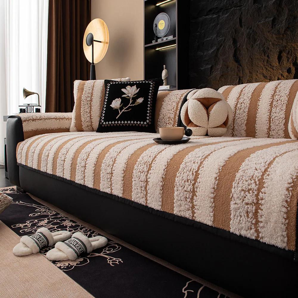 Cojín de Sofá Universal de Algodón Aterciopelado Rayado para las Cuatro Estaciones Toalla Universal de Temporada Funda de Almohada Antideslizante y Antideslizante para Sofá