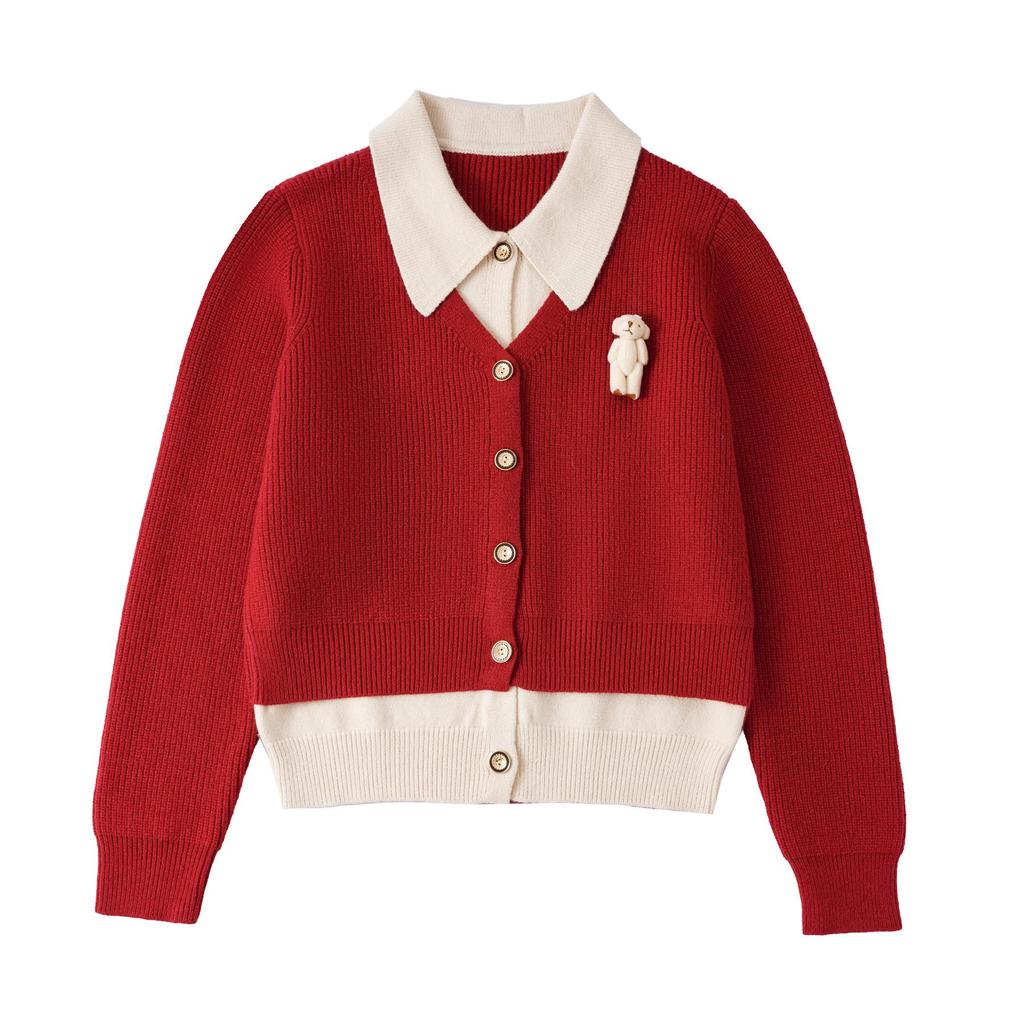 Korean Style Red Parent-Child Sweater: Women's Cardigan & Men's Round Neck Pullover