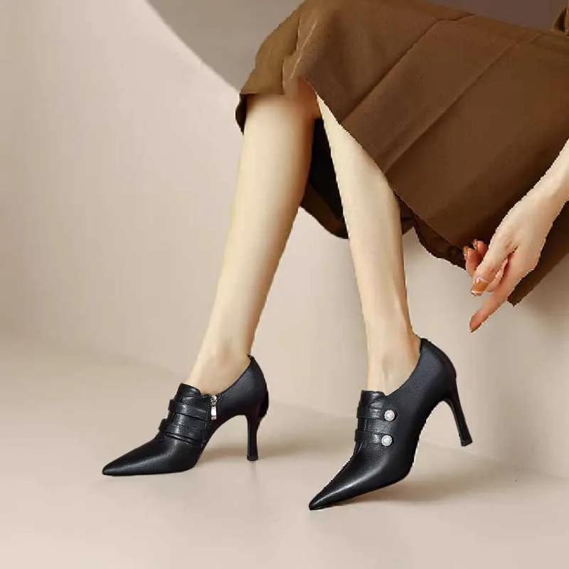 2025Bare Stiefel Damen High Heels Kleiderschuhe Doppelperlen Stiefeletten Neuer Designer Winter Herbst Knöchelstiefel Reißverschluss Spitzschuh Pumps