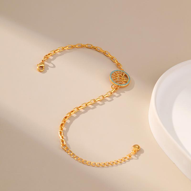 Tree Of Life Inlaid Turquoise 18k Gold Plated Copper Fashion Chain Bracelet For Women