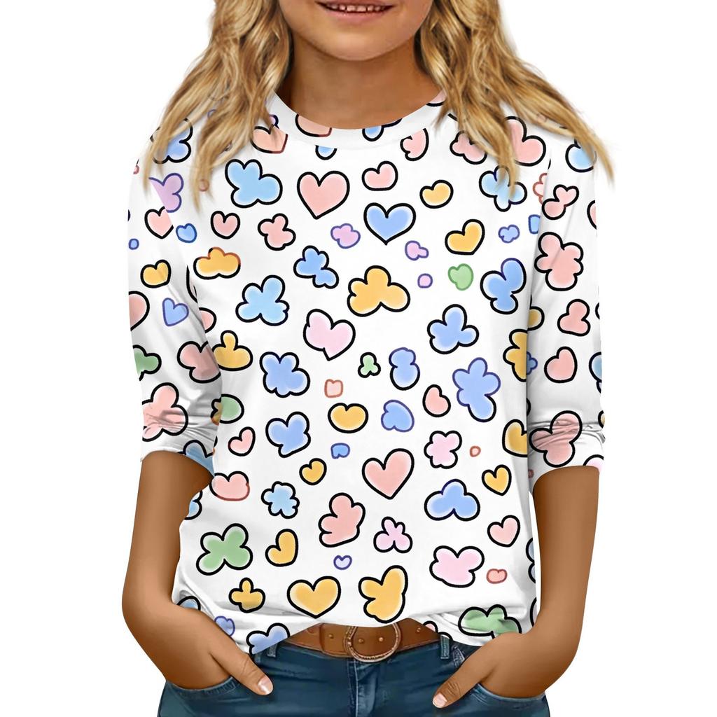 Kinder 3/4 Ärmel Tops Casual Print T-Shirt Rundhals Pullover Bluse