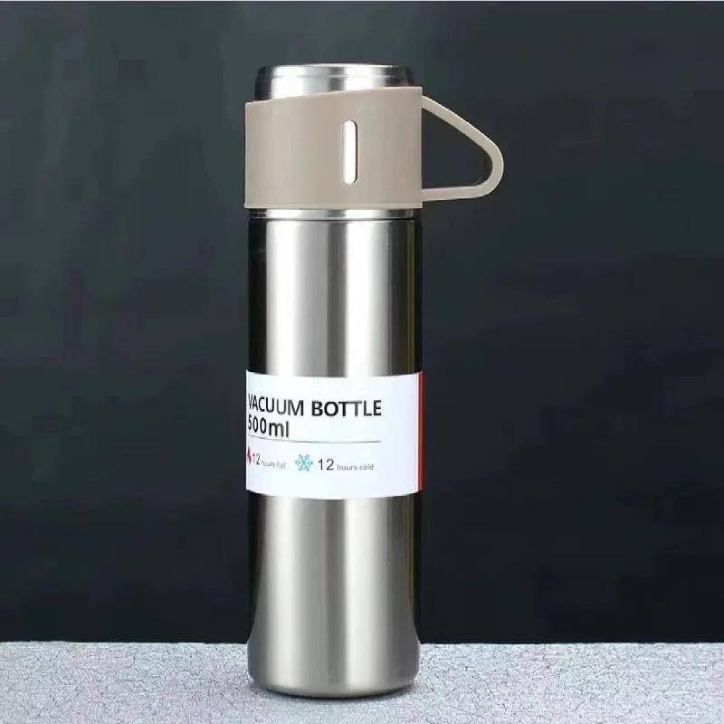 500ml One Cup Three Lid Stainless Steel Insulated Bottle Business 304 Large Capacity Thermos High End Gift Box Set Water Cup