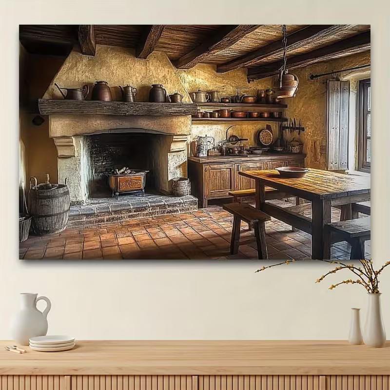 2D Altmodische Rustikale Küche mit Stein-Kamin-Dekoration Kulisse