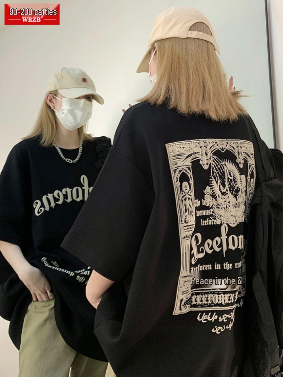 

Женская хлопковая футболка большого размера в европейском и американском уличном стиле – летняя, с коротким рукавом, облегающая, свободного кроя XL (for 115-130 kg) чёрный