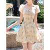 Bubble Sleeve Shoulder French Apricot Floral Short Sleeve Dress Small Man Summer Beautiful Small Skirt