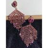 Jiao Jiao Same Geometric Rose Red Stud Earrings Pink Rhinestone Tassel Drill Chain Exaggerated Earrings Fashion Face Slimming Earrings