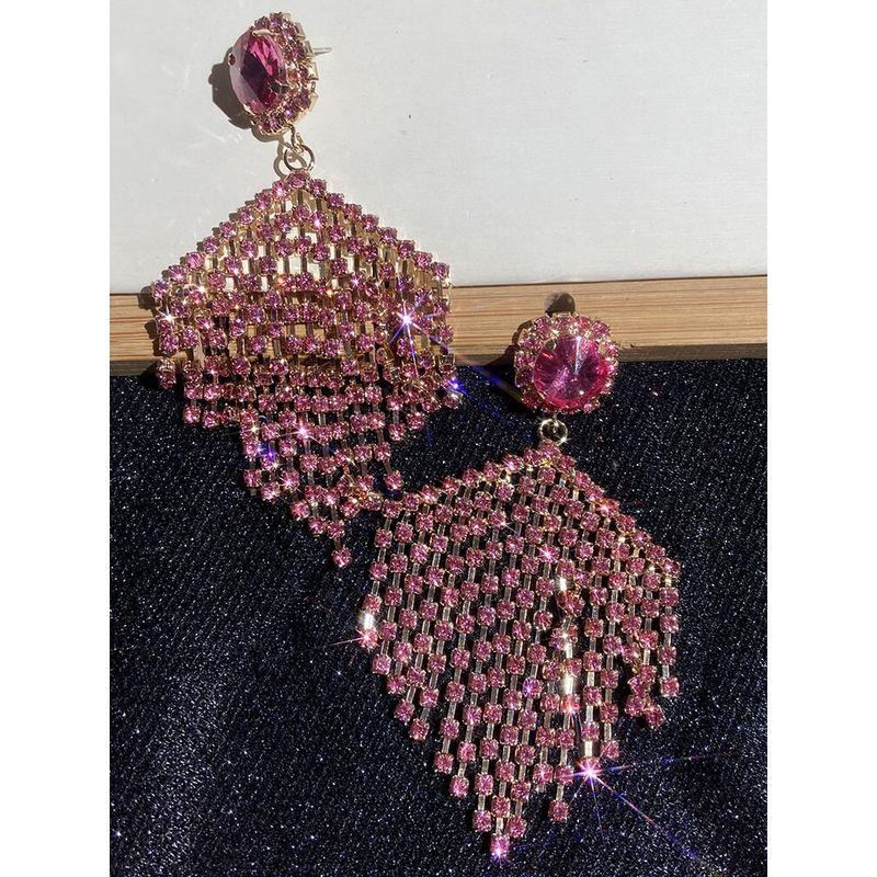 Jiao Jiao Same Geometric Rose Red Stud Earrings Pink Rhinestone Tassel Drill Chain Exaggerated Earrings Fashion Face Slimming Earrings
