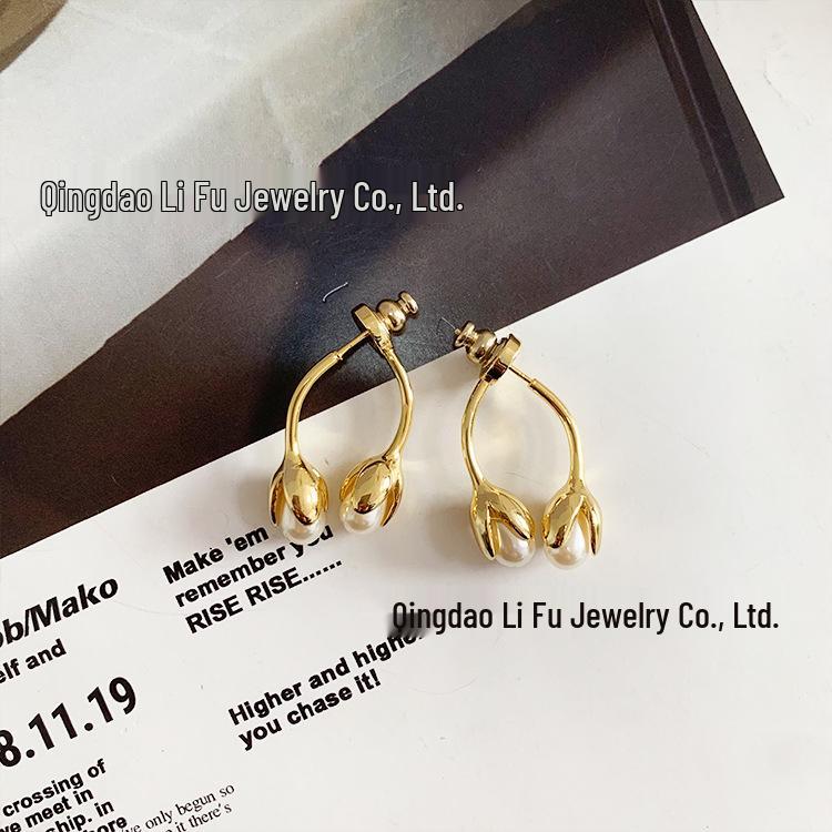 Elegant Spring French Retro Pearl Bud Earrings: Unique Front and Back Wearable Flower Design
