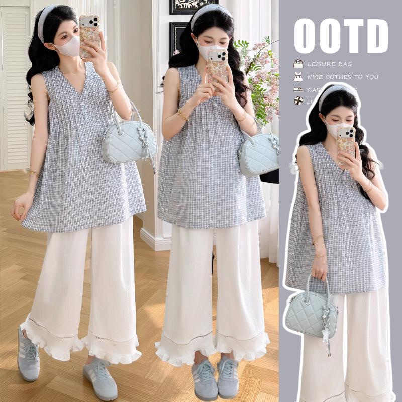2026 Summer French Plaid Maternity Vest & Lace Pants Set M