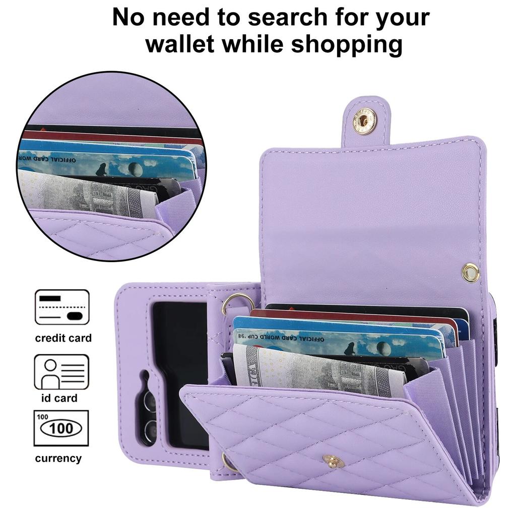 Fashion Leather Phone Case for Samsung Galaxy Z Flip 5 4 3 5G with Long Lanyard Wallet Card Slot Silicone Protect Cover