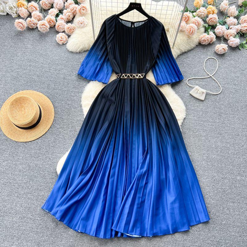 

French Style Print Dress Summer Pleated round Neck Short Sleeve Pattern 13 All yards