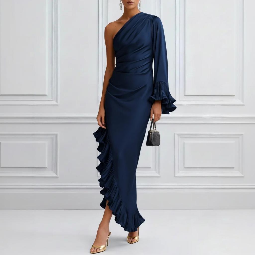 Women's Color Satin Off Shoulder Ruched Irregular Hem Dress for Cocktail Party