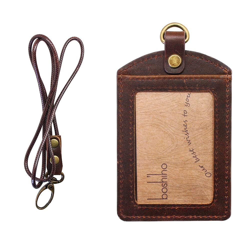 [boshiho] ID Card Holder, Vertical Genuine Leather ID Card Case, Name Holder, Double Sided, 2 Card Holders, Neck Strap Included, Neck Hanging