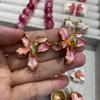 Natural Jade Brazilian Rose Stone Necklace 14Mm Pink Chalcedony Jewelry Set With Bright Color And Ruddy Luster For Women
