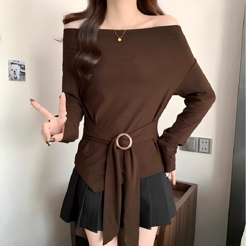 

Upgraded Zhi Ku Si Shuang Cotton French Fashion: One-Shoulder Draped Collar Long Sleeve L кофейный