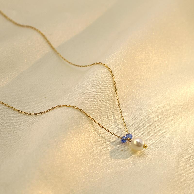 French Baroque Non-Fading Blue Stone Pearl Necklace Autumn And Winter 316 Material Necklace Water Drop Female Collarbone Chain