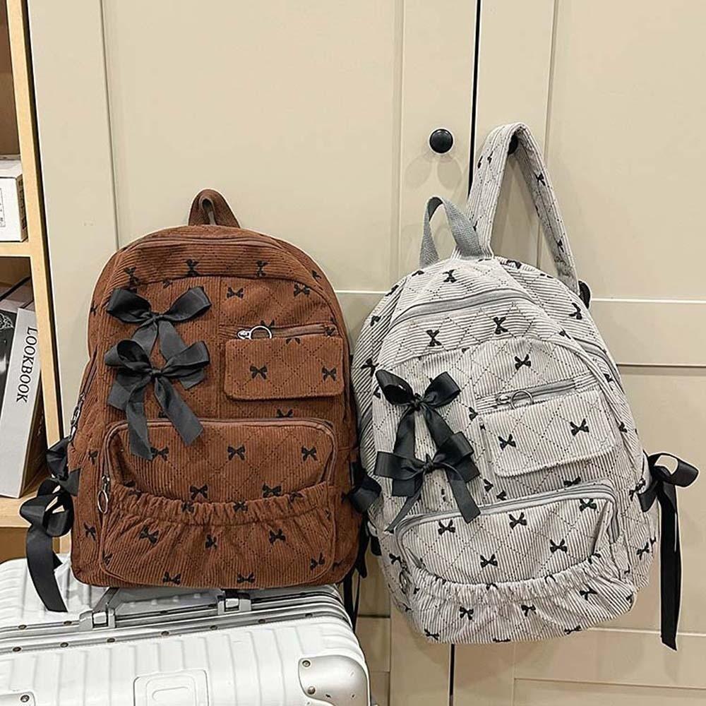 Silk Design Corduroy Bow Backpack Casual Large Capacity Backpack Students School Bag Daily