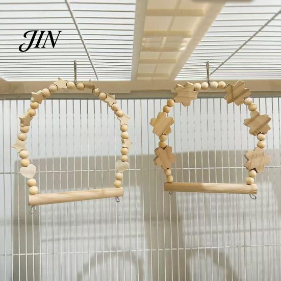 Bird Swing with Beads Parrot Perch, Solid Wood Perch Pole, Wooden Blocks And Cage Accessories Arch, Unpainted Toy for Small Medium Parrots Climbing