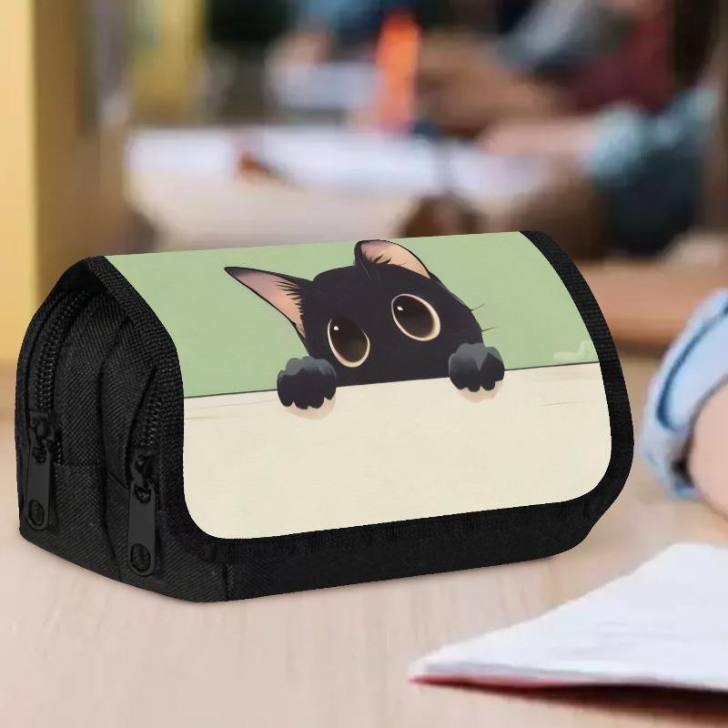 1pc Double Layer Flip Pencil Case - Peeking Black Kitten, Large Capacity, Portable Polyester Pen Storage Bag with Zipper Closure, Ideal for School & O
