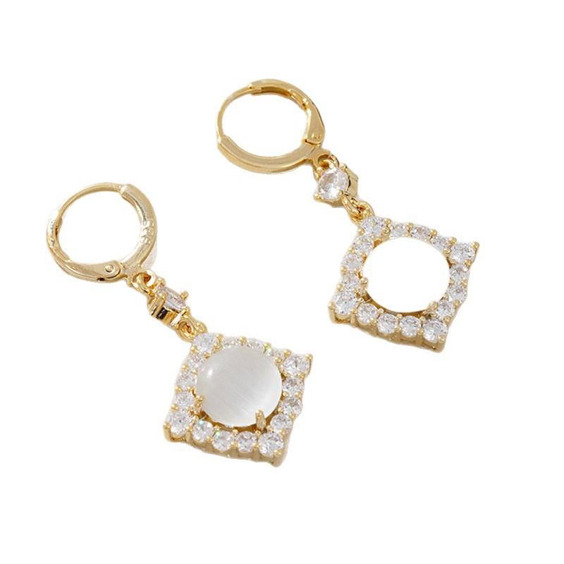 Temperament geometric rhombus diamond-set opal ear buckle women's light luxury niche design sense exquisite earrings tide geometric elements