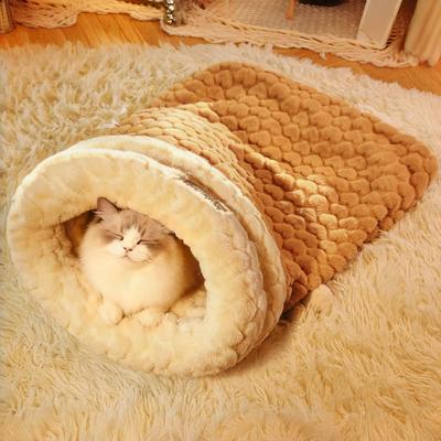 Upgraded Enclosed Cat Bed Winter Snuggle Sack with Burrow Entry & Security Hood Bunny-Soft Plush for Anxiety Relief