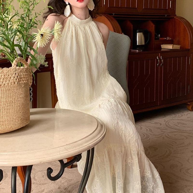 

Винтажные платья миди без рукавов с бретелькой на шее для женщин, кружевное сексуальное свободное французское длинное платье с открытыми плечами, весна-лето 2024, абрикос S бежевый