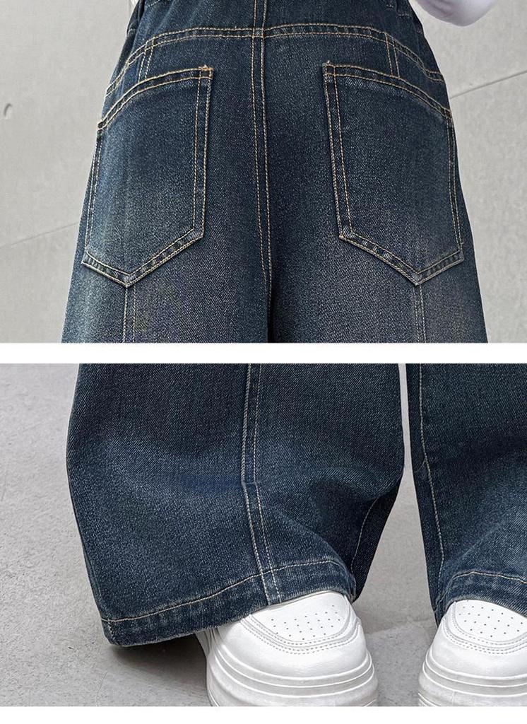 Girls' High-Waisted Wide-Leg Jeans - Deep Blue Multi-Pocket Slimming Pants for Older Children