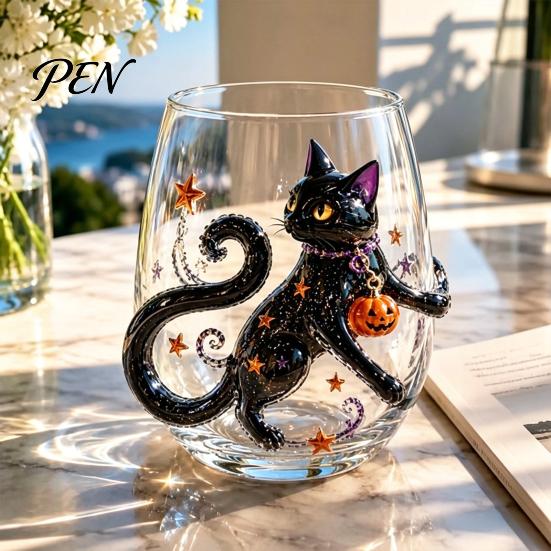 Clear Glassware for Kitchen Halloween Artisan Glassware, Stemless Drinking Glasses with Raised Pumpkin Ghost Black Cat Web School Water Drinkware