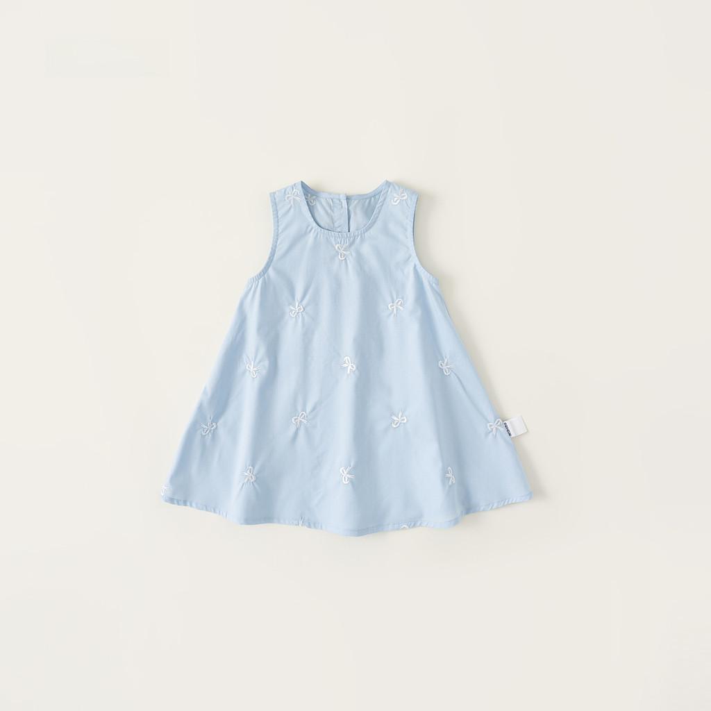 Girl Summer Cotton Sleeveless Dress With Bow Embroidery For Kids Age 3 To 8
