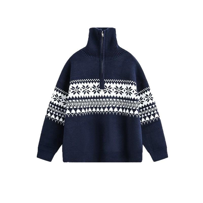 Pull Cardigan Homme Jacquard Fair Isle Fermeture Éclair Demi-Zip Col Montant Noël