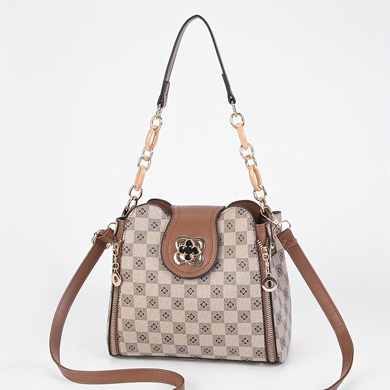 Stylish Geometric Pattern PU Crossbody Bag | Women's Chic Bucket Bag with Flower Buckle & Retro Chain