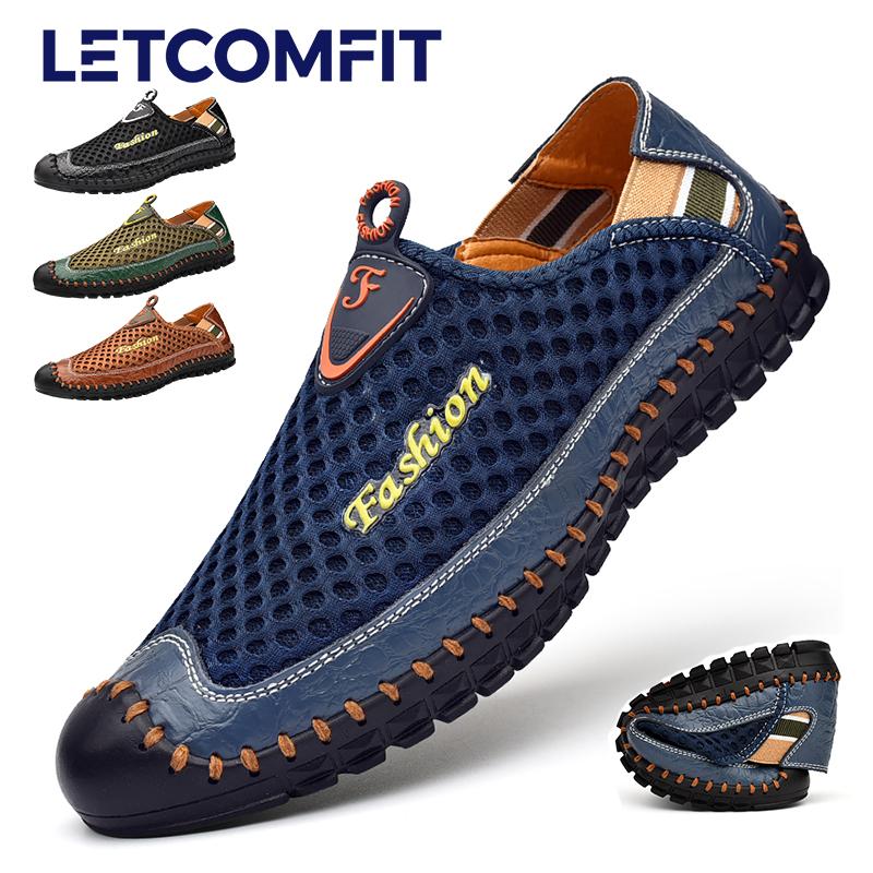LETCOMFIT Men's Mesh Breath Light Rubber Sole Stitching Non Slip Sandals Hiking Shoes Outdoor Camping Slip On Walking Footwear
