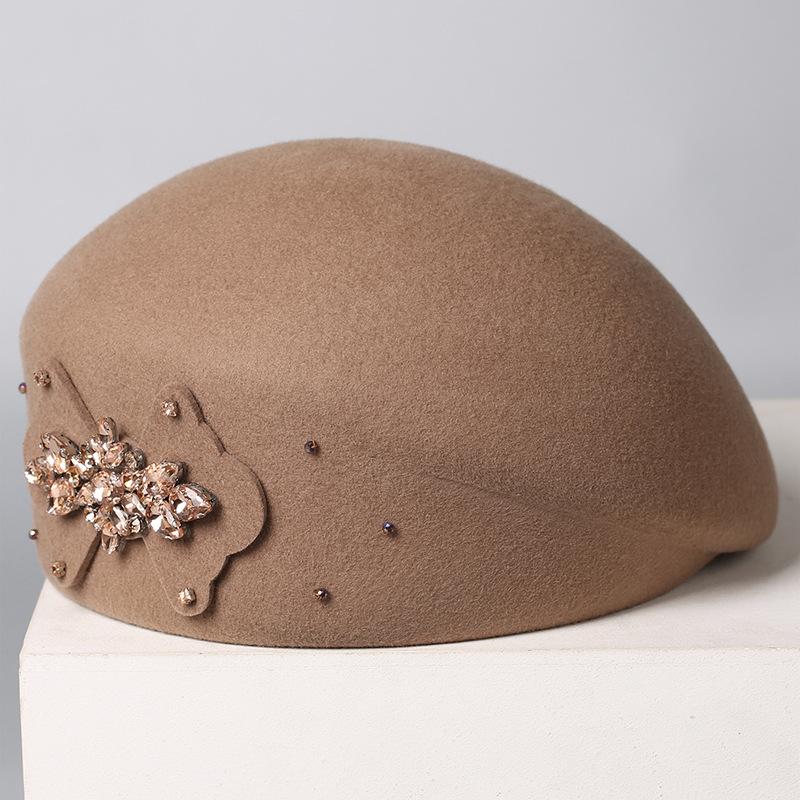 French heavy industry rhinestone flower wool beret female autumn and winter retro elegant painter hat light luxury banquet temperament felt