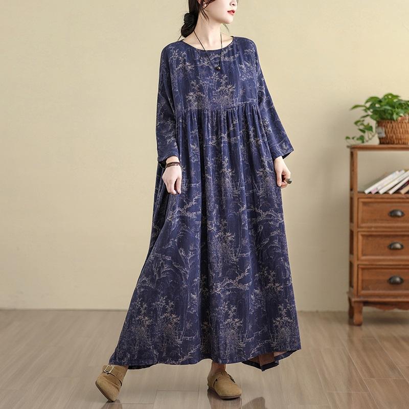 Plus Size Cotton Vintage Floral New In Dresses for Women Casual Loose Long Spring Autumn Dress
