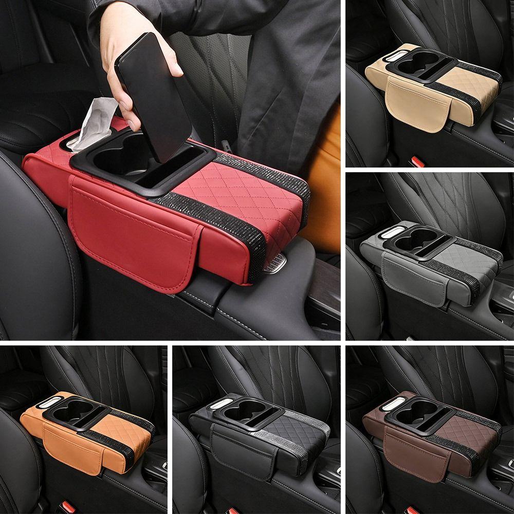 PU Leather Center Console Armrest Cushion with Cup Holder Tissue Box Height Increasing Car Armrest Pillow Multifunctional
