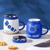 Couple Mug with Lid Mirror Cup Cool Blue Bear Cartoon Style Ceramic Cup Work Coffee Cup Mug Set Water Drinking Cup Gift Durable