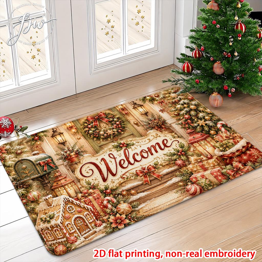 1pcs Christmas Welcome Door Mat Vintage Gold Winter Holiday NonSlip Entryway Rug For Home Decor