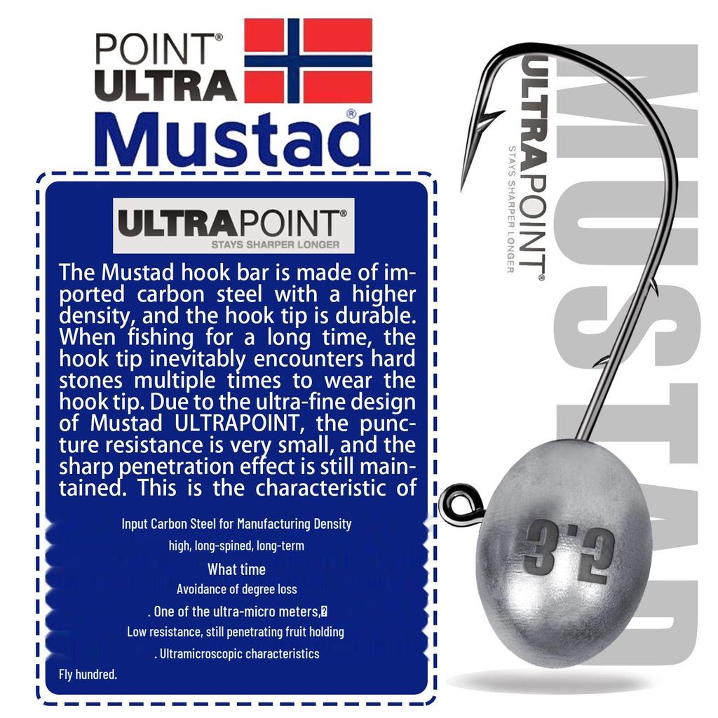 Eiförmiger Jigkopf mit Druckgussblei, Mustad Feinhaken und 3X starkem Anti-Haken-Schaft für das Angeln mit Mikrolödern.