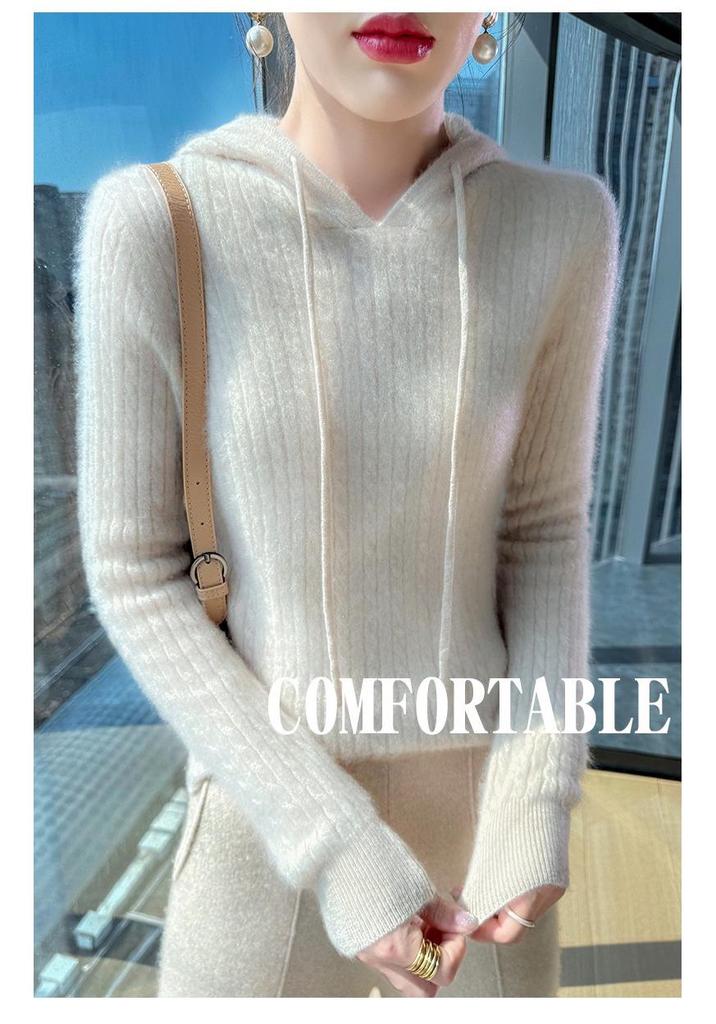 Women's 100% Pure Wool Cable Knit Hoodie Sweater - Autumn/Winter Collection.
