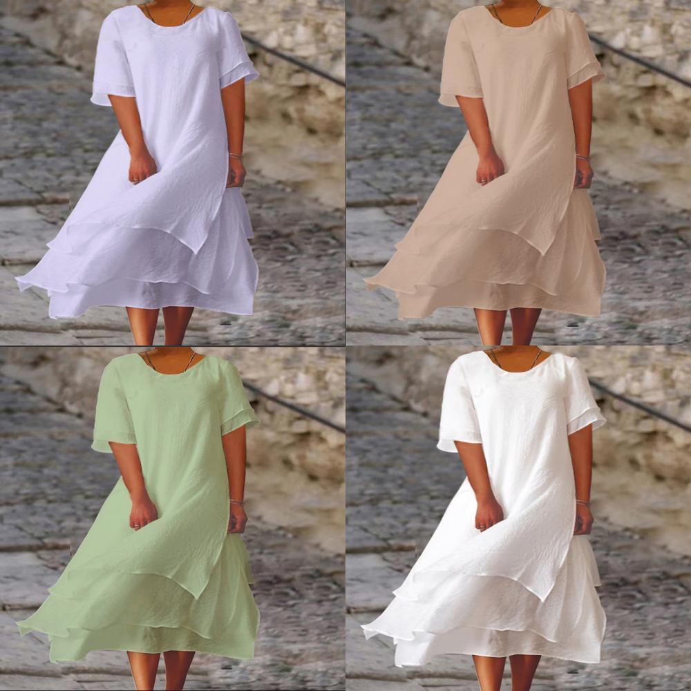 Vestito Corto a Maniche Corte con Scollo Rotondo, Bicolore, a Doppio Strato, in Cotone e Lino, per Uso Casual