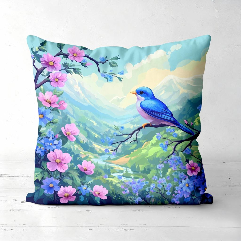 Blue Bird Flower Mountain Scenery Pattern Cushion Cover Polyester Pillowcase, Sofa Decorative Cushion Cov Headboard Pillow