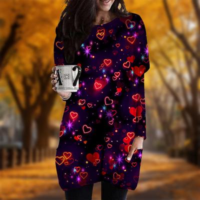 New In Autumn Neon Love Print Plus Size Dress Women O'neck Long Sleeves Casual Pocket Dresses