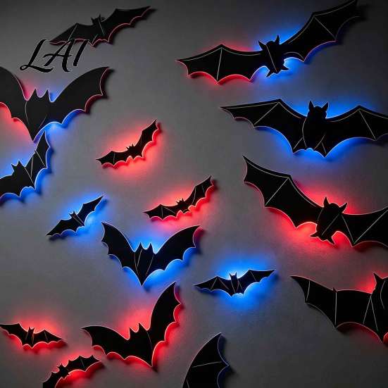 Removable Bat Window Clings Lighted 3D Bat/Spiders Wall Stickers for Halloween Decor PVC Decorative Bats Classroom Decals with LED Lights Indoor