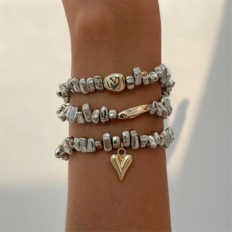 3Piece Elastic Stretch Beaded Bracelet Set Dumpy Gold Silver Ball Stackable Jewelry For Women Irregular Art Design