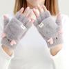 Women's Winter Fleece-Lined Antler Gloves - Cute Korean-Style, Wool Plush, Half-Finger with Flip-Top, Warm & Cold-Proof for Students & Big Kids