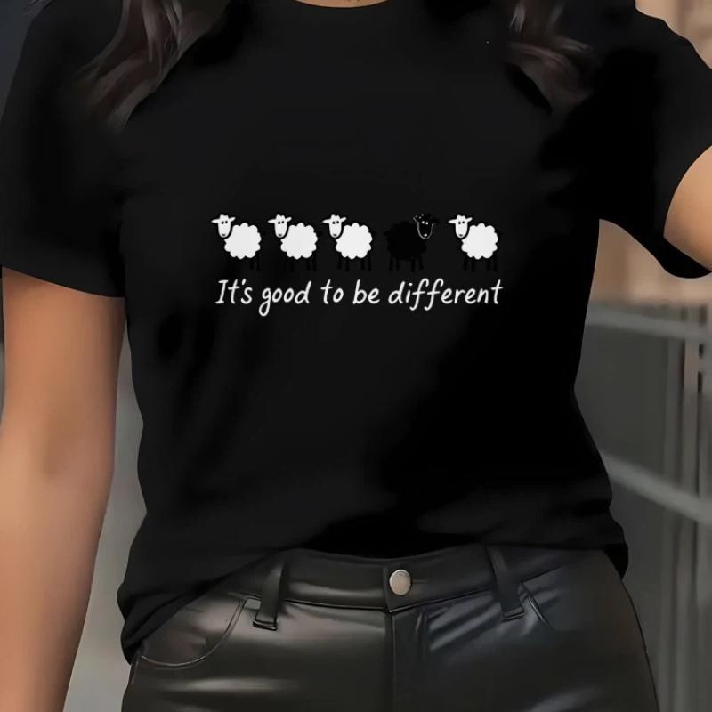 Ladies' Casual Short Sleeved T-shirt with Sheep Pattern Print Round Neck Design Suitable for Daily Wear Harajuku Clothing