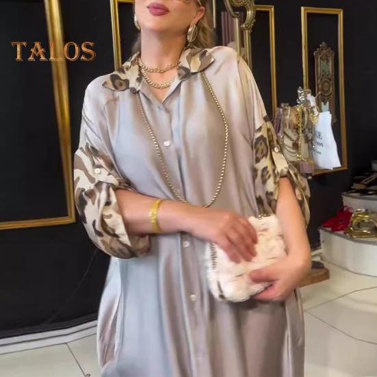 Lady Spring Maxi Dress Lapel Leopard Print Long Sleeves with Cufflink Loose Single-breasted Vintage High Waist Casual Daily Dress