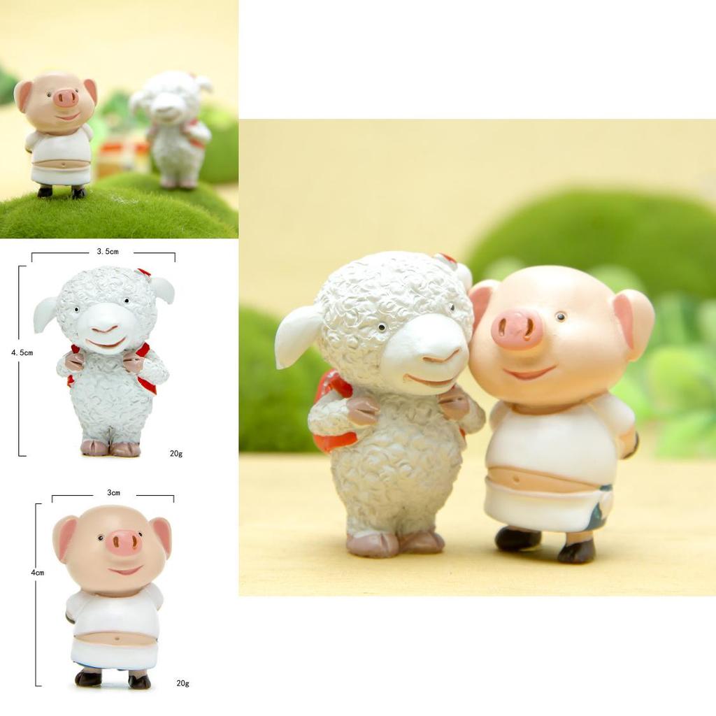 Handmade Resin Pig And Lamb Sculpture With Mini Garden Scene For Gift And Decoration