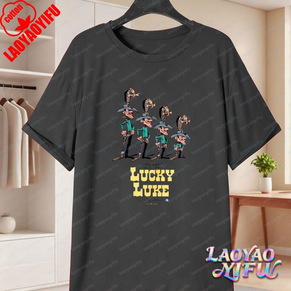 Lucky Luke Vollbesetzung Druck Lässige Oberteile Verspieltes West-Cartoon Baumwoll-T-Shirt Lustiges Vintage Klassisches Anime-Shirt Trend Unisex Kleidung