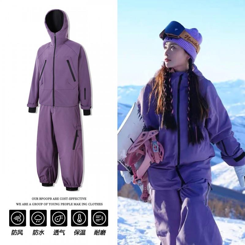 Unisex Waterproof Ski Suit Set Purple Black Thermal Insulated Snow Pants Jacket Winter Sports Outdoor Adventure